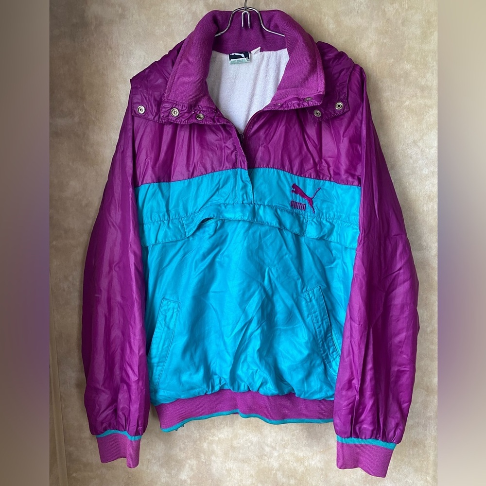 Vintage 80s 90s Puma Purple and Teal Pull Over Windbreaker Jacket Unisex Large